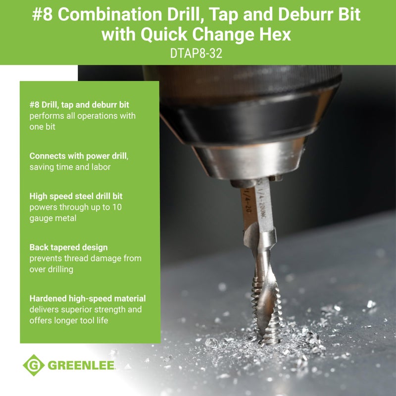 Greenlee DTAP8-32 Combination Drill/Tap Countersink Drill Bit for up to 10-Gauge Metal, Combination Drill, Tap, and Deburr Bit with Quick Change Hex, 8-32 NC - Image 3